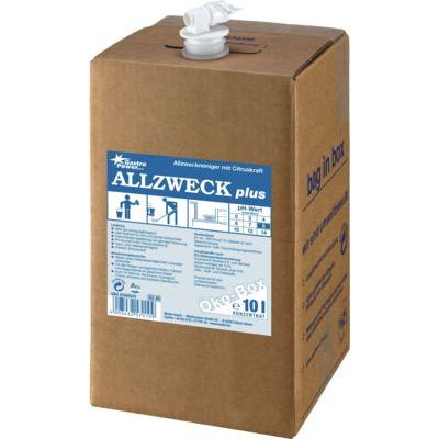Den 10 l GastroPower Allzweck Plus Öko Box från Abena Re-Seller GmbH i brun kartong med tappkran och blåvit etikett erbjuder en koncentrerad, miljövänlig allrengöringsmedel för mångsidig användning inom gastronomin.