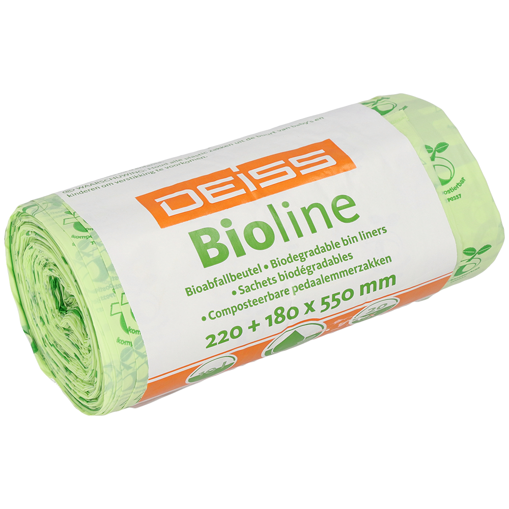 En rulle EMIL DEISS KG (GmbH + Co.) DEISS BIOLINE soppåsar, bioplast, 10 L, natur, 220+180x550x0,018 mm (20 påsar), i grön förpackning med flerspråkig etikett.