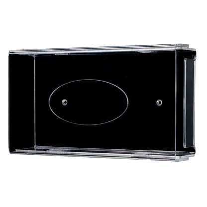 Der AMPri Einmalhandschuh Spender ist ein transparenter, milchiger Acryl-Wandhalter (250 x 135 x 55-90 mm) mit zwei Schraublöchern und einem ovalen Mittelteil, abgebildet auf weißem Hintergrund.