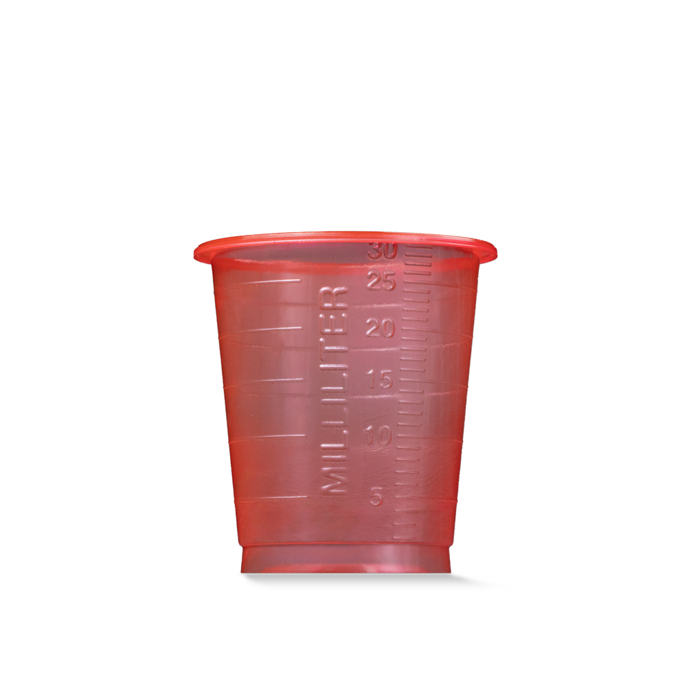 Ein transluzenter roter MED COMFORT BASIC Einmal Medizinbecher, 30 ml, graduiert von AMPri Handelsgesellschaft mbH für den medizinischen Gebrauch, mit 30 ml Markierung, dargestellt vor einem schlichten weißen Hintergrund.