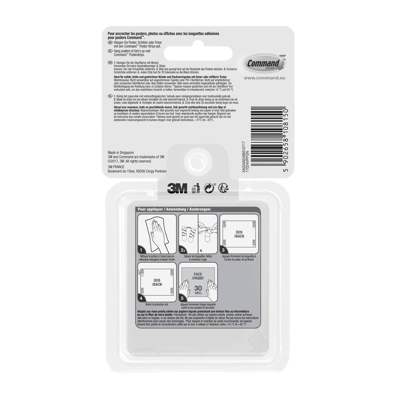 På baksidan av Command™ Poster-Strips i förpackningsfördel, 17024-VP från 3M Deutschland GmbH finns en instruktion på franska, nederländska och tyska, en streckkod, logotyperna från 3M och Command samt illustrerade steg för att fästa utan att borra.