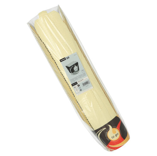 Eine durchsichtige Kunststoffverpackung enthält 50 hellgelbe, quadratische Einweg-Starpak-Snackboxen „To Go“ (750 ml), mit einem Etikett mit Produktdetails, einem Becherbild und dem Markennamen „Starpak“.