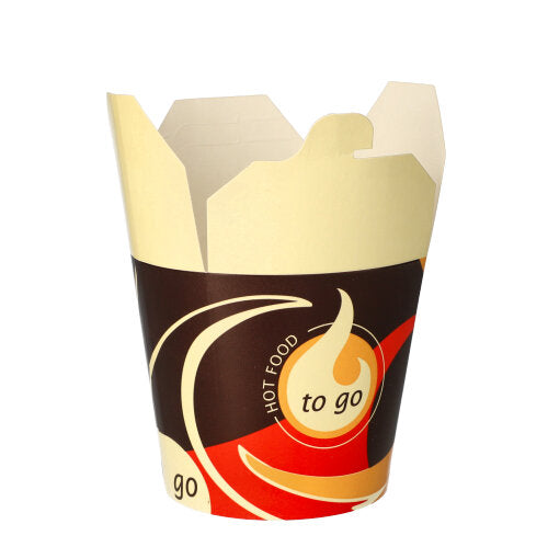En enskild fyrkantig take-out-behållare (750 ml) från Starpak snacklådor "To Go" står upprätt på en vit bakgrund och har en färgglad design med texten "Hot Food to Go" på framsidan – idealisk för att transportera dina favoriträtter.