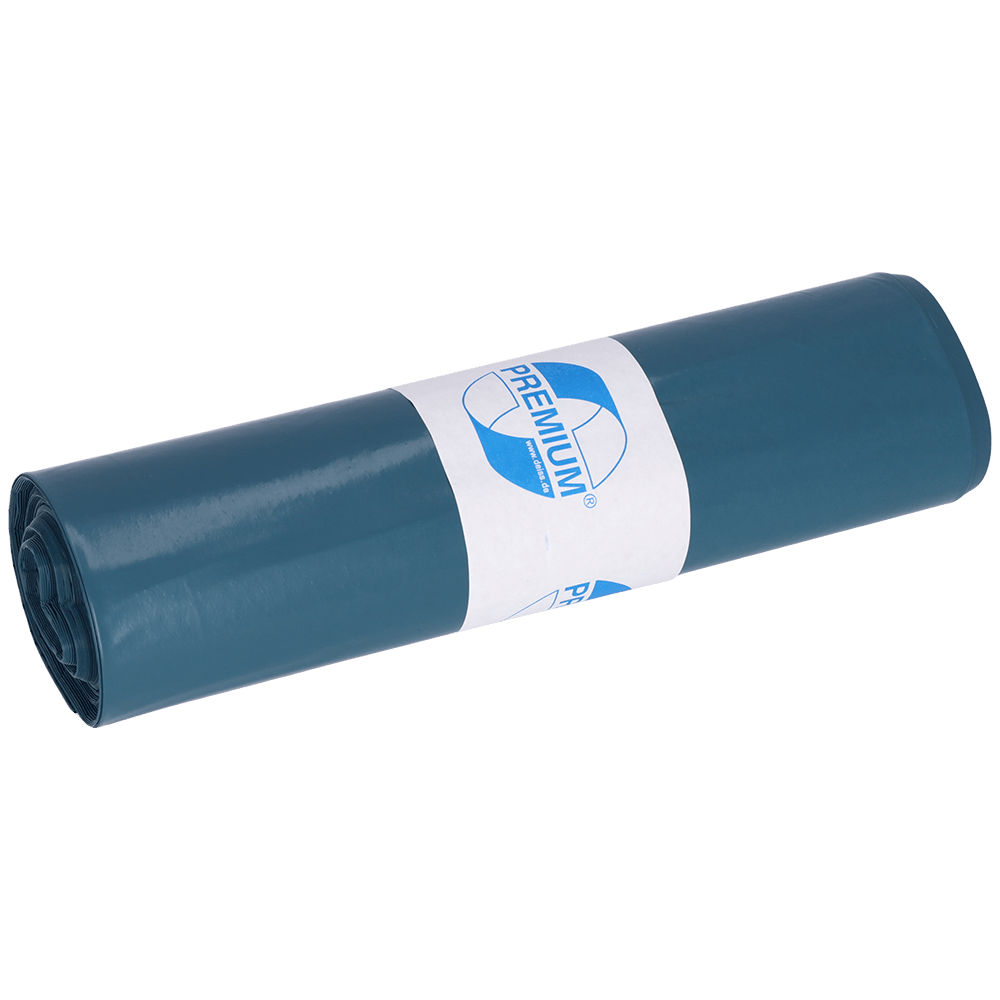 En upprullad EMIL DEISS KG (GmbH + Co.) DEISS 10032 blå sopsäckrulle (25 säckar, 630x800x0,05 mm) med en "PREMIUM"-etikett är avbildad mot en enkel vit bakgrund.