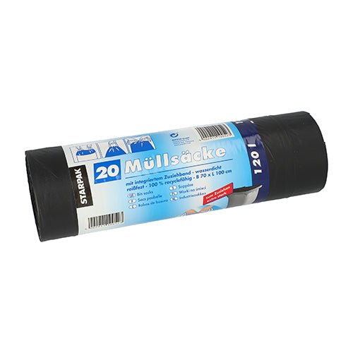 En rulle med 20 svarta Starpak-soppåsar av LDPE (120l, 100x70cm) med dragsko, banderoll med produktinformation, återvinningssymbol och instruktioner på tyska.