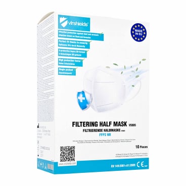 En förpackning med Mask Authority sp. z o.o. Virshields FFP2-mask VS005, 5-lagig | 1 styck, visar en bild av en vit mask med skyddssymboler och flerspråkig beskrivning av egenskaperna; varje förpackning innehåller 10 stycken.