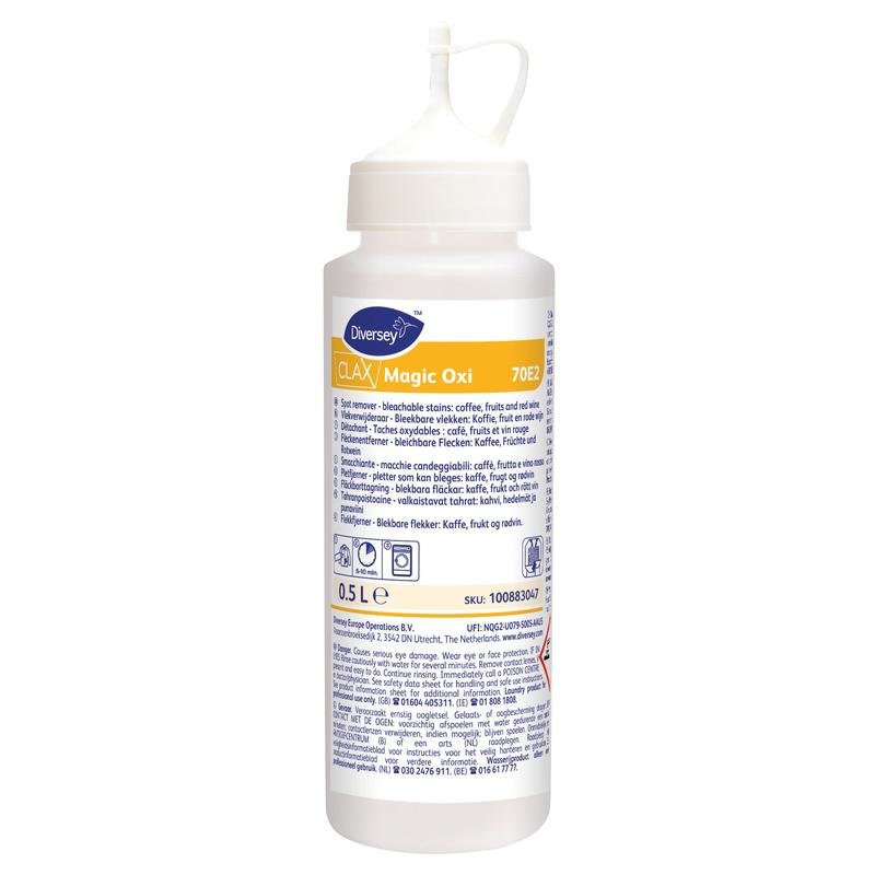Clax Magic Oxi fläckborttagningsmedel för kaffe, te och rödvin från Diversey Deutschland GmbH & Co. OHG i 500 ml doseringsflaska med sprutkork och flerspråkig etikett - idealisk för fläckborttagning.