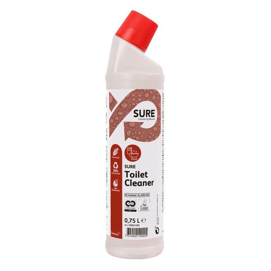 En 0,75 liter vit plastflaska med SURE Toilet Cleaner, toalett- och urinalrengöringsmedel från Diversey Deutschland GmbH & Co. OHG, med rött vinkelformad förslutning och röd-vit etikett, säkerställer en effektiv rengöring av toaletter och urinaler.