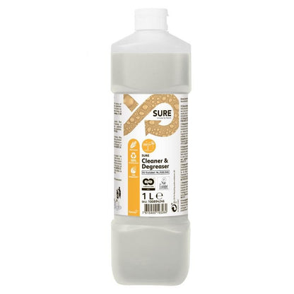 En 1-litersflaska SURE Cleaner & Degreaser (avfettningsmedel) från Diversey Deutschland GmbH & Co. OHG, med vit kork och beige etikett, är idealisk för rengöring och avfettning av vattentåliga ytor.