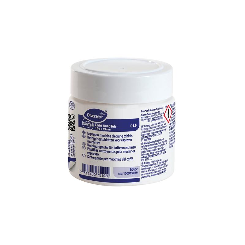 Ein weißer Kunststoffbehälter mit Suma Café Auto Tab 3gx19mm C1.9 Reinigungstab für Espressomaschinen (60 Stück) von Diversey Deutschland GmbH & Co. OHG, mit mehrsprachigem Etikett und Gefahrensymbol, für die Reinigung von Kaffeefette und -öle.