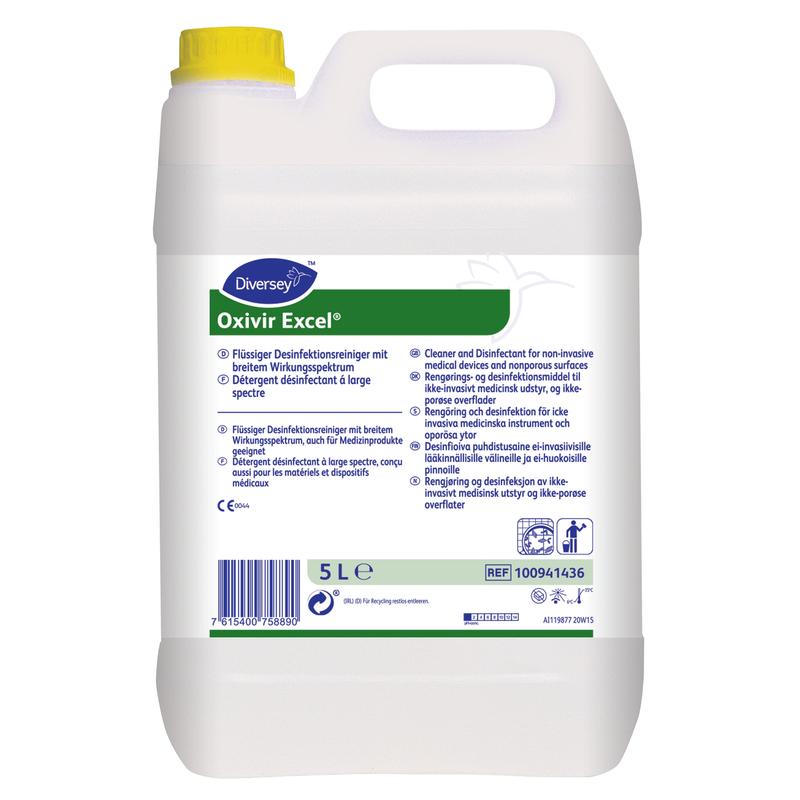 Ein 5-Liter-Behälter aus weißem Kunststoff mit Oxivir Excel, Konzentrat Desinfektionsreiniger mit AHP von Diversey Deutschland GmbH & Co. OHG, mit einem blauen mehrsprachigen Etikett und einem Tragegriff oben.