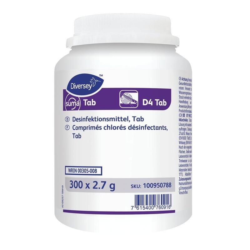 En vit plastbehållare med texten "Suma Tab D4, desinfektionstabletter baserade på klor" från Diversey Deutschland GmbH & Co. OHG innehåller 200 tabletter (per dos) med tysk/fransk instruktion och produktinformation.