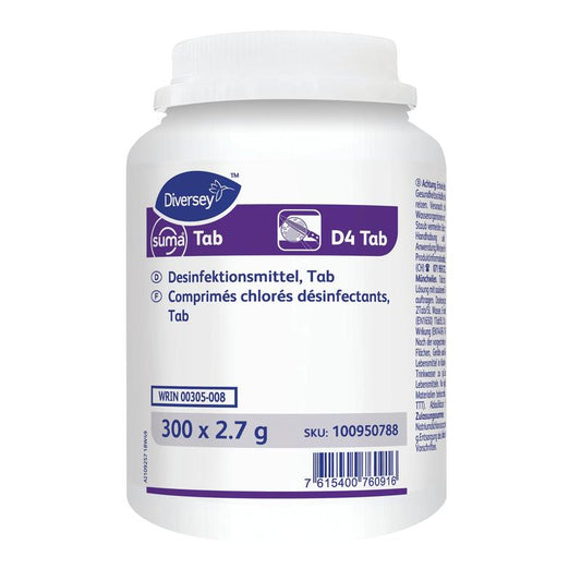 Ein weißer Kunststoffbehälter mit der Aufschrift "Suma Tab D4, Desinfektionstabletten auf Chlorbasis" von Diversey Deutschland GmbH & Co. OHG enthält 200 Tabletten (pro Dosis) mit deutsch/französischer Anleitung und Produktinformation.