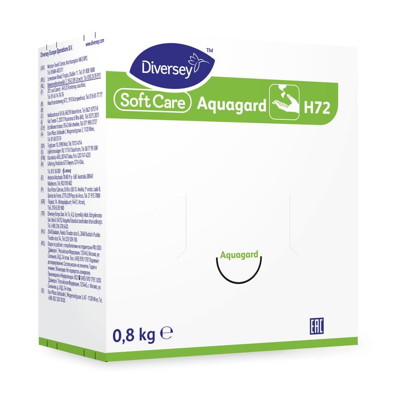 En vit-grön låda med texten "Soft Care Aquagard, hudskyddskräm | Kapsel (800 g)" från Diversey Deutschland GmbH & Co. OHG visar logotyper, ikoner, text och betonar skydd mot miljöpåverkan.
