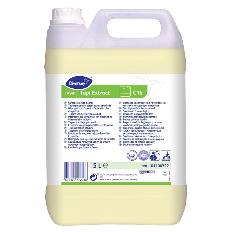 Ein 5-Liter-Kanister Diversey TASKI Tapi Extract Teppich-Sprühextraktionsreiniger mit O.N.T.-Technologie, Wollsiegel-zertifiziert, verfügt über einen Tragegriff und ein mehrsprachiges Etikett mit Produktangaben und Anweisungen.
