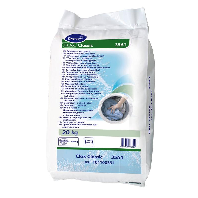 En 20 kg säck Clax Classic 35A1 fulltvättmedel från Diversey Deutschland, idealisk för mjukt till medelhårt vatten, med bruksanvisning och produktinformation på blå-vit förpackning - perfekt för kommersiella tvätterier.