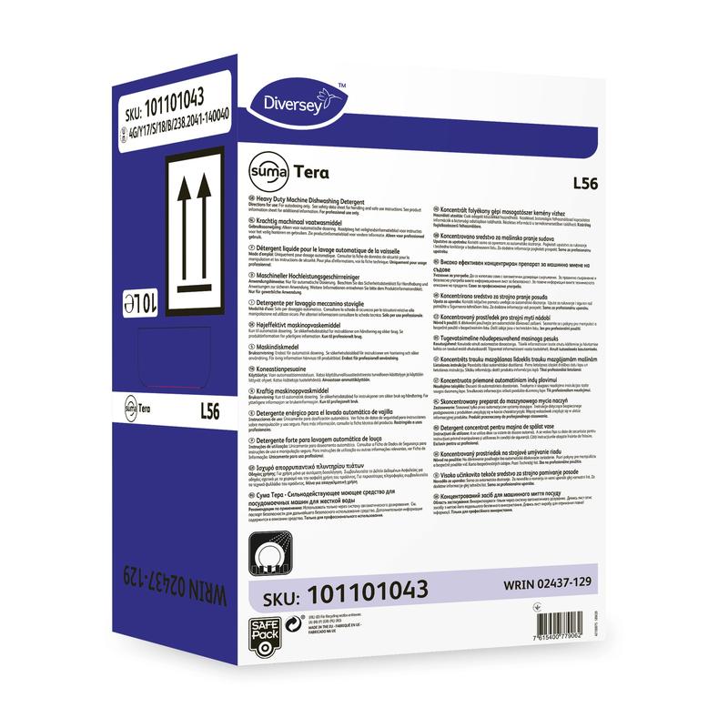 En vit-lila låda med texten "Diversey Suma Tera L56, högkoncentrerat diskmedel för hårt vatten" från Diversey Deutschland GmbH & Co. OHG med produktdetaljer, säkerhetsinformation, streckkoder, pilar, SKU 101101043 och WRIN 02437-129.