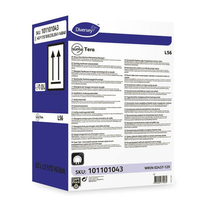 En vit-lila låda med texten "Diversey Suma Tera L56, högkoncentrerat diskmedel för hårt vatten" från Diversey Deutschland GmbH & Co. OHG med produktdetaljer, säkerhetsinformation, streckkoder, pilar, SKU 101101043 och WRIN 02437-129.