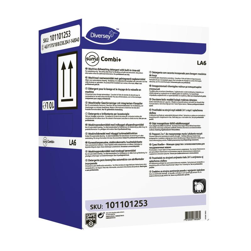 En vit rektangulär låda med lila och svarta accenter, märkt med "Diversey Suma Combi+ LA6, kombinerat rengörings- och sköljmedel för medelhårt vatten" från Diversey Deutschland GmbH & Co. OHG, med detaljer, instruktioner, en streckkod och SKU 101101253.