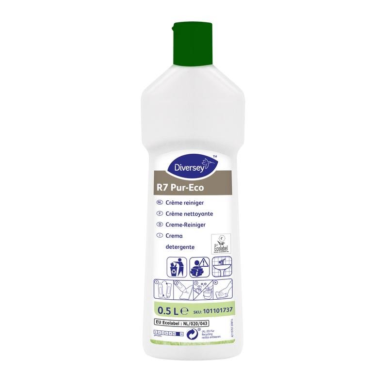 En vit 500 ml flaska Diversey R7 Pur-Eco Creme-rengöringsmedel från Diversey Deutschland GmbH & Co. OHG med grön kork, flerspråkigt märkt och miljövänlig för hårda, vattentåliga ytor.