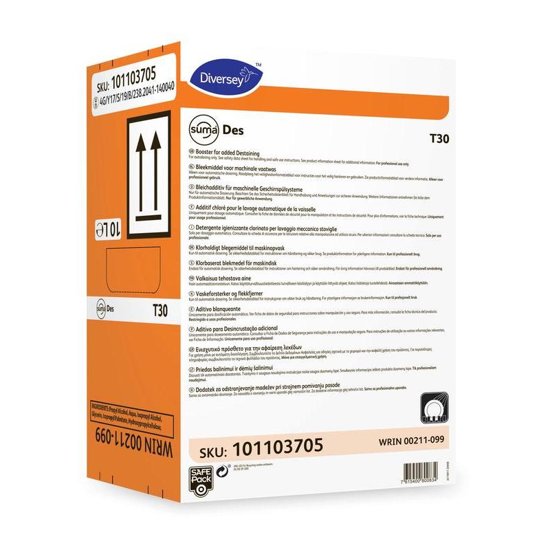 En rektangulär låda Diversey Suma Des T30, blekmedelskomponent från Diversey Deutschland GmbH & Co. OHG är övervägande vit med orange och blå accenter, flerspråkiga instruktioner samt faro- och fraktsymboler på framsidan.
