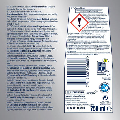 Etikett för Professional skurmedel från Diversey Deutschland GmbH & Co. OHG med flerspråkig instruktion, ingredienser, streckkod, återvinningssymboler, logotyper, aktivblekningsformel och 750 ml volym på vit-blå bakgrund.