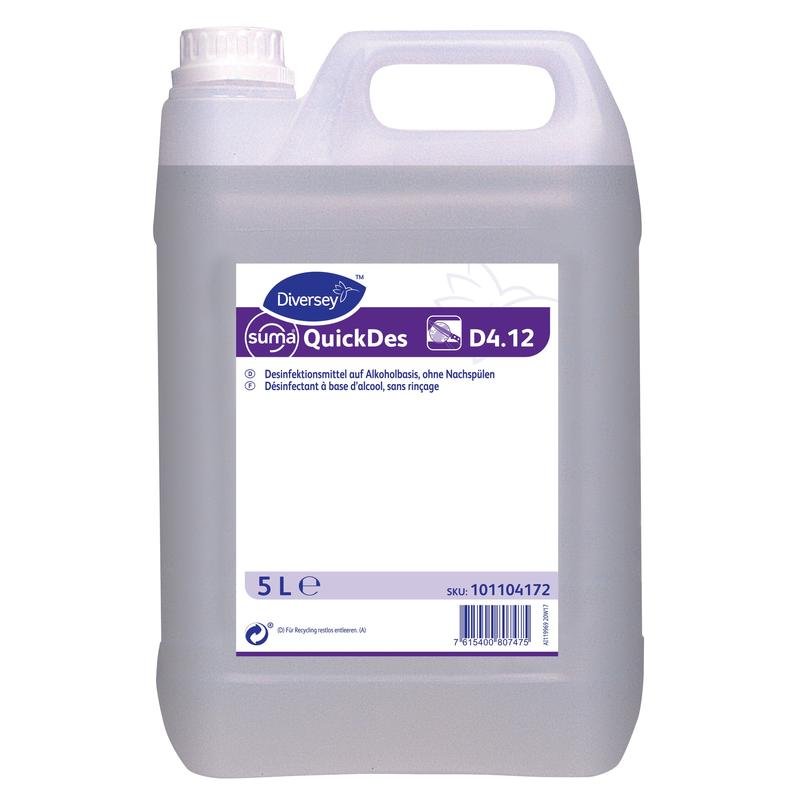 En 5-liters plastbehållare med Diversey Suma QuickDes D4.12 Snabbdesinfektion från Diversey Deutschland GmbH & Co. OHG, med en vit-lila etikett med produktinformation, detaljer om snabbdesinfektionsmedlet och ett handtag ovanpå.