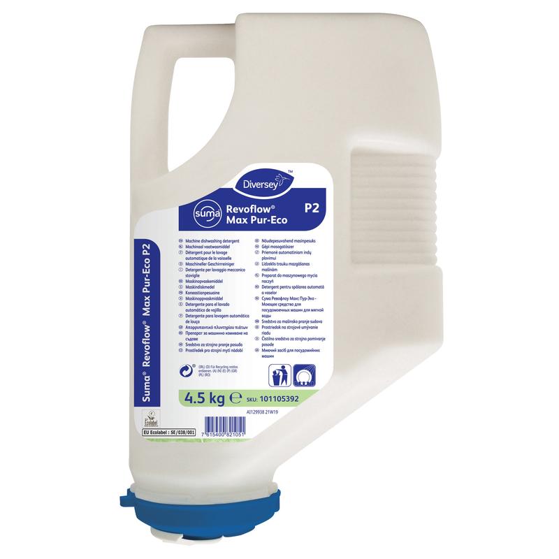 En 4,5 kg patron av Suma Revoflow Max P-Eco P2 från Diversey Deutschland GmbH & Co. OHG, en miljövänlig, klorfri rengöringsmedel för mjukt till medelhårt vatten; av vit plast med blå etikett och lock, plus handtag.