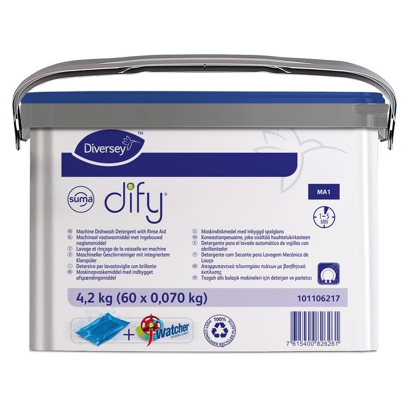 Det miljövänliga Suma Dify MA1 med blått lock från Diversey Deutschland (60 påsar, 4,2 kg) är ett allt-i-ett-diskmedel för kommersiella en-tanksmaskiner, idealiskt för storkök. Flerspråkig märkning; leverans i handtagsbägare.
