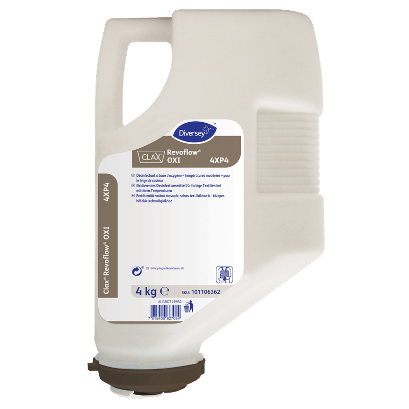En beige 4 kg plastbehållare Clax Revoflow OXI 4XP4* blek- och desinfektionsmedel i pulverform från Diversey Deutschland GmbH & Co. OHG-verkar redan vid låga temperaturer, RKI-listad vid 60°C, idealisk för professionella tvätterier.