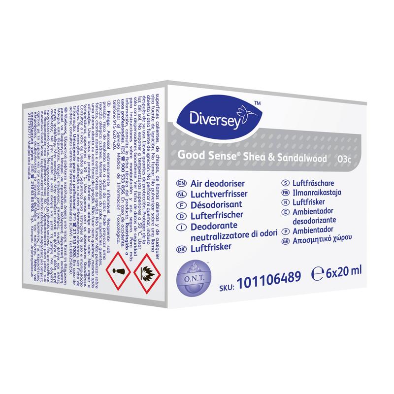 En vit-lila låda med texten "Good Sense Shea & Sandalwood, doftpatron för Good Sense luftfräscharsystem" från Diversey Deutschland GmbH & Co. OHG innehåller 6 patroner (6x20 ml) med flerspråkig information och varningar.
