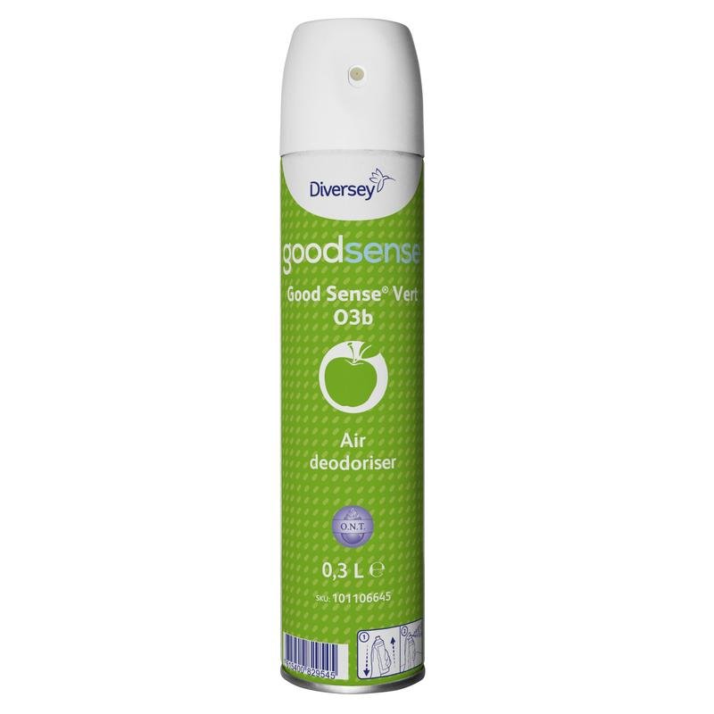 En 300 ml burk Diversey Good Sense Vert rumspray-luftrenare och luktneutraliserare från Diversey Deutschland GmbH & Co. OHG, med grön etikett med äpplesymbol, vit spraymunstycke och tryckt produktinformation på framsidan.