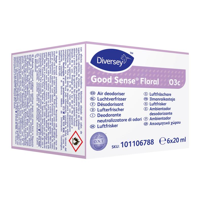 En förpackning med 6 Diversey Good Sense Floral doftpatroner (vardera 20 ml) för Good Sense-luftreningssystemet, med flerspråkig produktinformation och en farosymbol på förpackningen. Märke: Diversey Deutschland GmbH & Co. OHG.