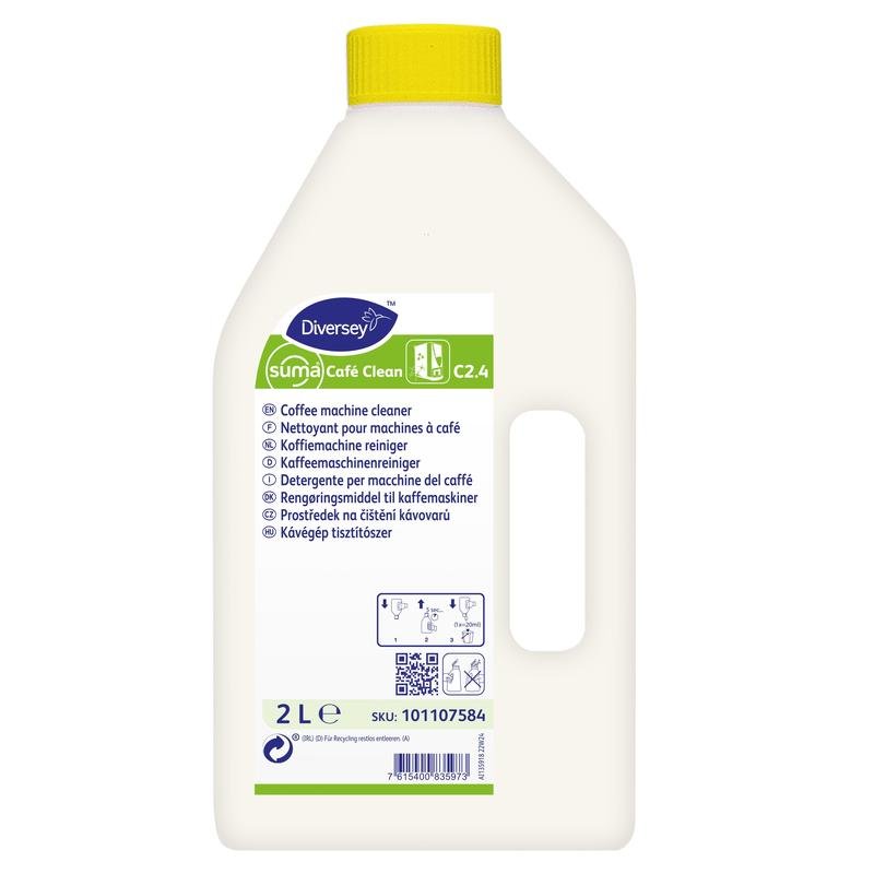 En vit 2-liters plastflaska "Suma Café Clean C2.4, Flytande kaffemaskinsrengöring, klorhaltig" från Diversey Deutschland GmbH & Co. OHG, med gul kork och flerspråkig etikett för att ta bort kaffe- och oljebeläggningar.