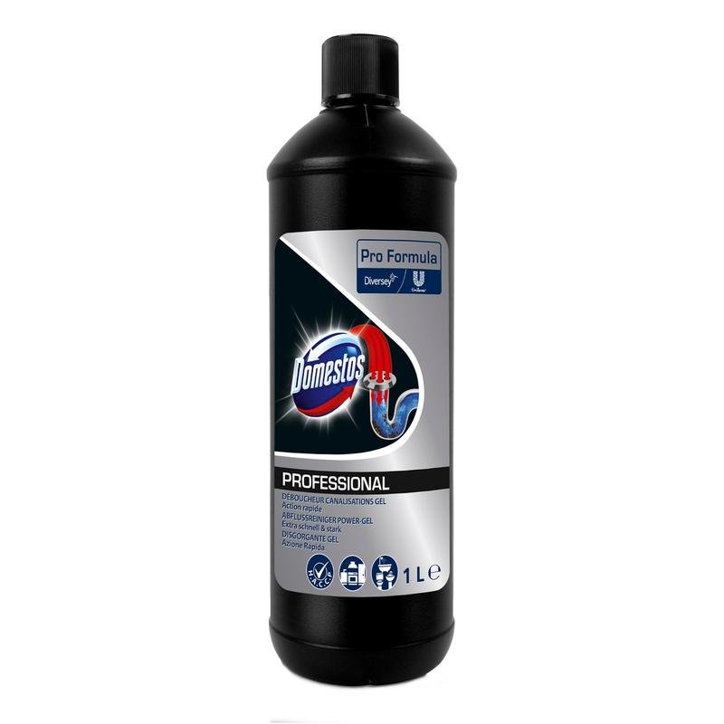En svart 1-litersflaska DOMESTOS Professional Avloppsrengöring Power-Gel från Diversey Deutschland GmbH & Co. OHG med blå-silver etikett - idealisk som kraftfull avloppsrengörare (rörfri) för effektiv borttagning av stopp.