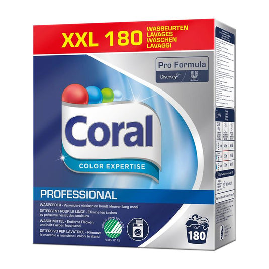 En förpackning Coral Professional Color Expertise tvättmedel (180 tvättar, 8 kg pulver) från Diversey Deutschland GmbH & Co. OHG med Pro Formula-märkning och blå design, som skyddar färger och fibrer för strålande färger.