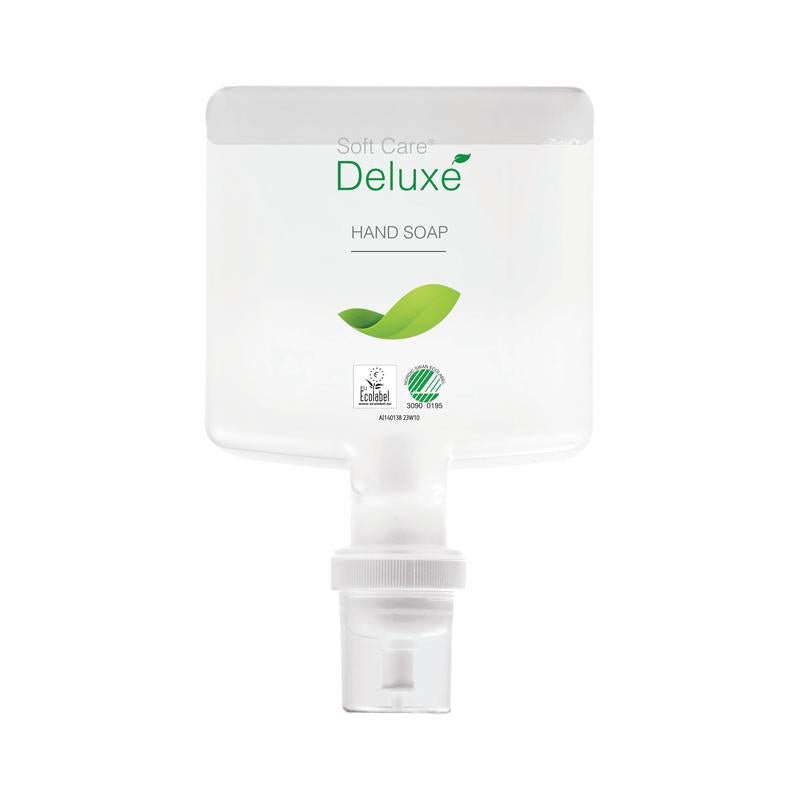 En 1300 ml patron av klar plast med Soft Care Deluxe handtvål från Diversey Deutschland GmbH & Co. OHG, med grön bladgrafik, eko-etikett och vit dispenserkork i botten.