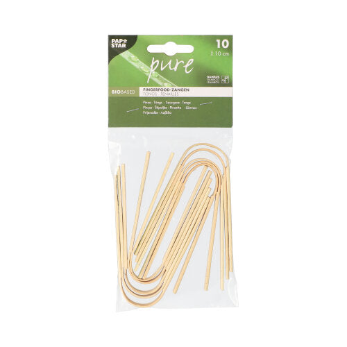 I en genomskinlig plastförpackning finns 10 PAPSTAR Fingerfood-tänger av bambu (10 cm), idealisk för snacks. På ovansidan finns en grön-vit etikett med märket PAPSTAR GmbH och produktinformation på flera språk - perfekt för fester.
