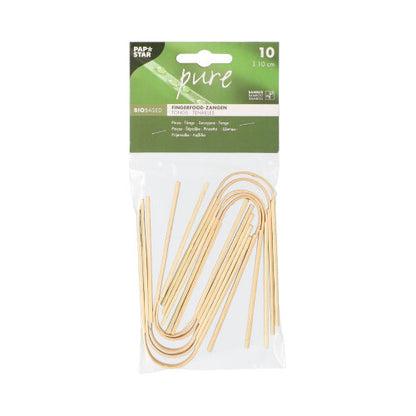 I en genomskinlig plastförpackning finns 10 PAPSTAR Fingerfood-tänger av bambu (10 cm), idealisk för snacks. På ovansidan finns en grön-vit etikett med märket PAPSTAR GmbH och produktinformation på flera språk - perfekt för fester.