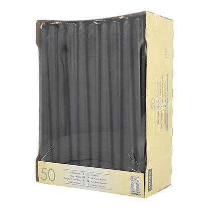 Avbildad är en kartong med 50 Starpak kronljus (Ø 2,2 cm - 25 cm), där de svarta ljusen står snyggt upprätt och är synliga genom den genomskinliga plastförpackningen.