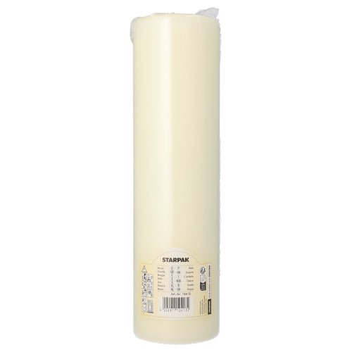 Ett PAPSTAR blockljus med platt topp Ø 80 mm i elfenben från PAPSTAR GmbH står upprätt och har en platt design, en produktetikett nära basen och en synlig veke på toppen.