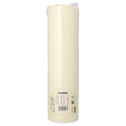 Ett PAPSTAR blockljus med platt topp Ø 80 mm i elfenben från PAPSTAR GmbH står upprätt och har en platt design, en produktetikett nära basen och en synlig veke på toppen.