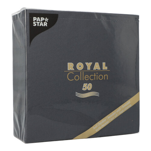 Avbildad är ett 50-pack PAPSTAR GmbH servetter "ROYAL Collection" 1/4-vikning, 40 x 40 cm i svart, med svarta servetter i plastförpackning med elegant guld-vit skrift.