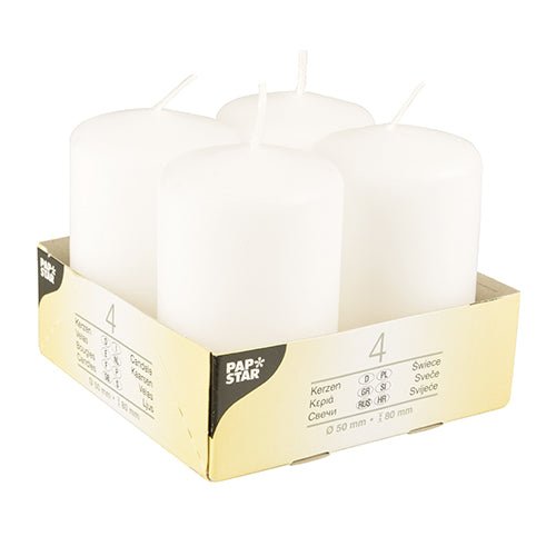 En förpackning med fyra Starpak "Ivory" blockljus (Ø 50 mm, 80 mm, platt topp) av högkvalitativt vax, arrangerade i en kartonghållare med produktinformation och Starpak-logotypen på etiketten.
