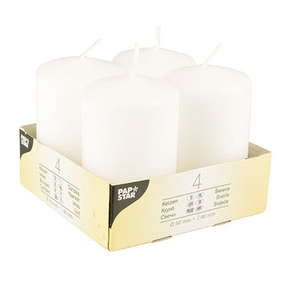 En förpackning med fyra Starpak "Ivory" blockljus (Ø 50 mm, 80 mm, platt topp) av högkvalitativt vax, arrangerade i en kartonghållare med produktinformation och Starpak-logotypen på etiketten.