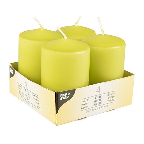 En förpackning med fyra cylindriska elfenbensfärgade blockljus (Ø 50 mm, 80 mm, platt topp) från Starpak med vita vekar, arrangerade i en kartongbricka med texten "Starpak" och produktdetaljer på sidan.