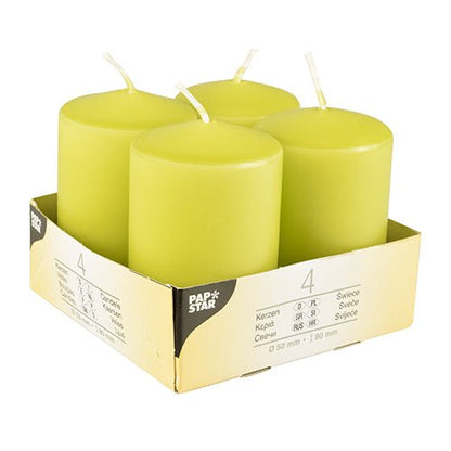 En förpackning med fyra cylindriska elfenbensfärgade blockljus (Ø 50 mm, 80 mm, platt topp) från Starpak med vita vekar, arrangerade i en kartongbricka med texten "Starpak" och produktdetaljer på sidan.