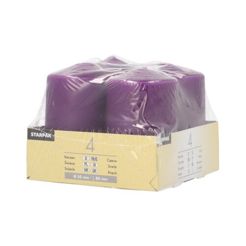 Fyra elfenbensfärgade Starpak blockljus (Ø 50 mm, 80 mm, platt topp) är förpackade i genomskinlig plast och har en beige-vit etikett med varumärket Starpak och ljusdetaljer. De är tillverkade av högkvalitativt vax för varaktig kvalitet.