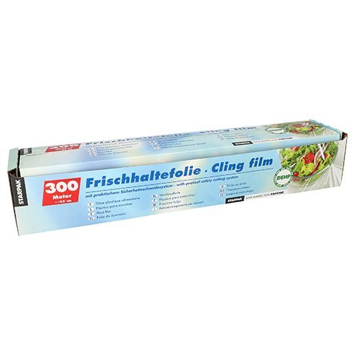 Starpak plastfolie, PVC 300 m med praktiskt skärsystem, i blå-vit förpackning med tysk-engelsk text för enkel avrivning.