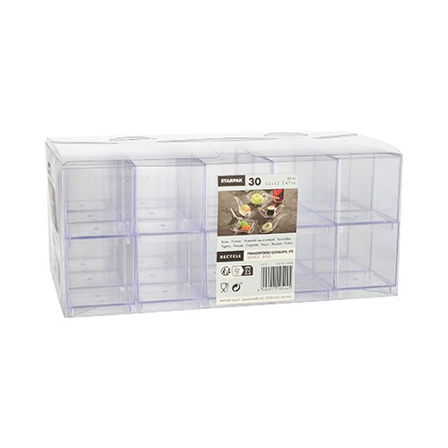 Starpak 30 fingerfood-skålar är en glasklar polystyren (PS)-låda med tio fyrkantiga fack, ett transparent lock och en etikett för 30 stycken. Varje fack rymmer 55 ml och mäter 4,7 x 4,2 x 4,2 cm.